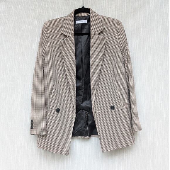 Mango MNG Brown Micro-houndstooth Double-breasted Blazer Jacket, size S - Picture 1 of 8